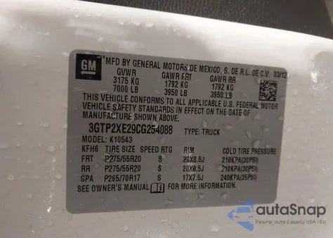2012 GMC Sierra 1500 Denali z USA, uszkodzony, nr VIN 3GTP2XE29CG254088